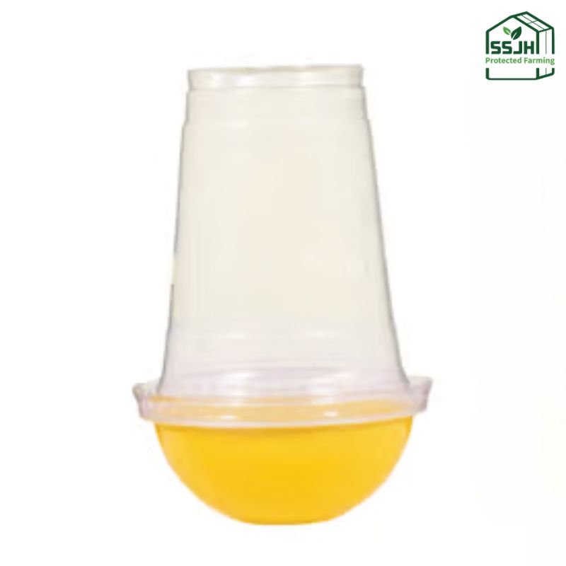Glass fruit fly trap by SSJH Protected Farming Proprietary Limited used for organic and protected farming pest control